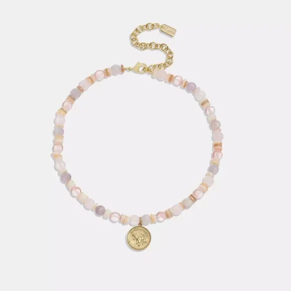 NWT Coach Rexy Coin Beaded Choker Necklace Gem Stone Charm Adjustable Dinosaur - Picture 3 of 10
